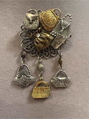 Vintage Handbag Charm Brooch Purse Dangle Pin Mixed Metal Statement
